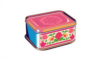 Colorful Rectangular Decorative Tin Box with Floral Patterns and Pink Lid Set Against a White Background