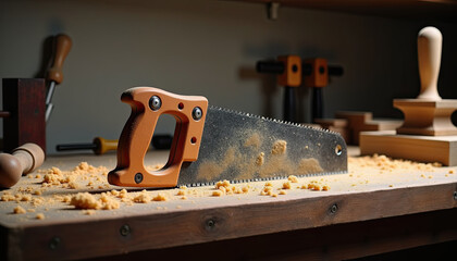 Carpenter's handsaw surrounded by fresh sawdust for woodworking websites and instructional materials
