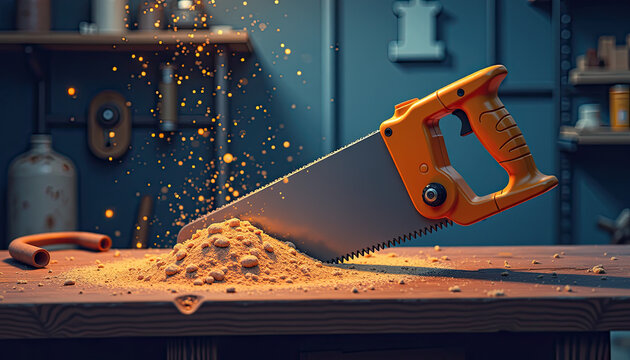 Handsaw creating wood particles on blue workshop table for craft blogs and DIY presentations