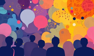 Silhouetted People Observing a Vibrant and Abstract Conceptualization of Communication and Knowledge Exchange through Colorful Speech Bubbles