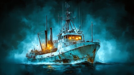Obraz premium A weathered fishing vessel sails through a dark stormy sea