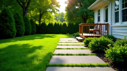 Sunlit Stone Path Leading to a Home's Wooden Deck, Surrounded by Lush Greenery and a Well-Maintained Lawn