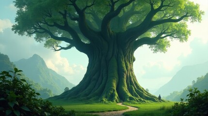 A solitary figure contemplates nature's majesty, standing before an ancient, colossal tree draped in verdant moss, nestled within a tranquil valley cradled by rolling hills under a serene sky.