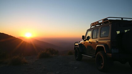 Close up shot of 4x4 offroad wheels with mountain view at dusk, exploration, terrain