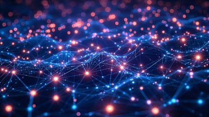 Fototapeta premium Abstract Network Connection: Blue Digital Data Nodes & Lines Background, Futuristic Technology Visualization, Artificial Intelligence