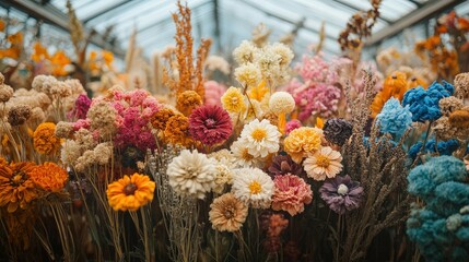 A vibrant tapestry of dried blooms&mdash;lush pinks, oranges, and yellows encircle a striking white centerpiece, capturing timeless beauty in an elegant arrangement