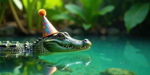 A Festive Alligator Celebrates in a Tranquil Emerald Pool, Wearing a Colorful Party Hat