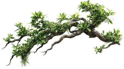 Twisted jungle branch with lush green plant growth, isolated png image on transparent background for botanical and nature design projects.