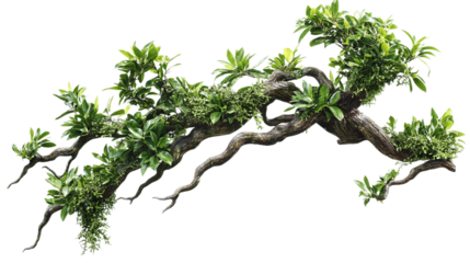 Twisted jungle branch with lush green plant growth, isolated png image on transparent background for botanical and nature design projects.