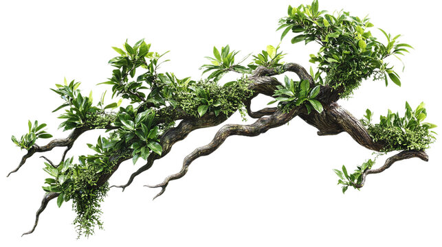 Twisted jungle branch with lush green plant growth, isolated png image on transparent background for botanical and nature design projects.