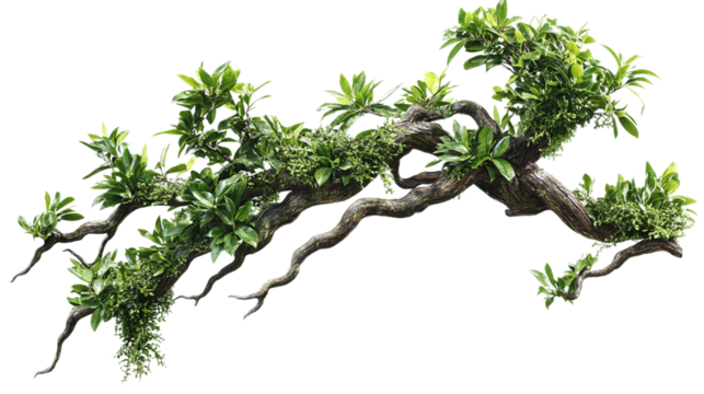 Twisted jungle branch with lush green plant growth, isolated png image on transparent background for botanical and nature design projects.