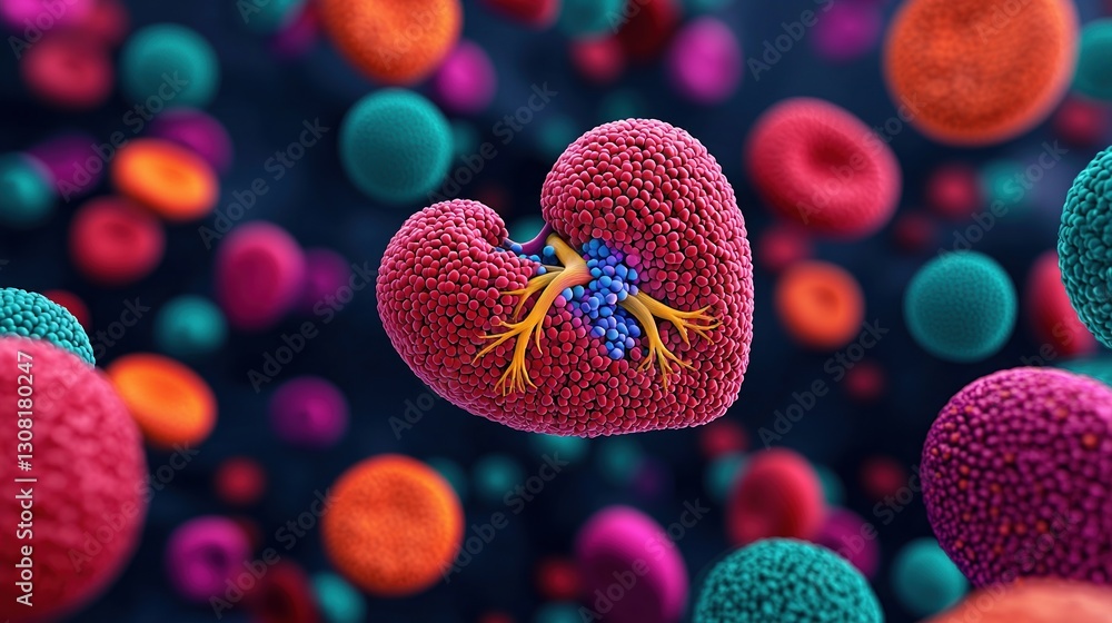 Poster liver inflammation prevention concepts. heart-shaped cell structure surrounded by colorful cells in 