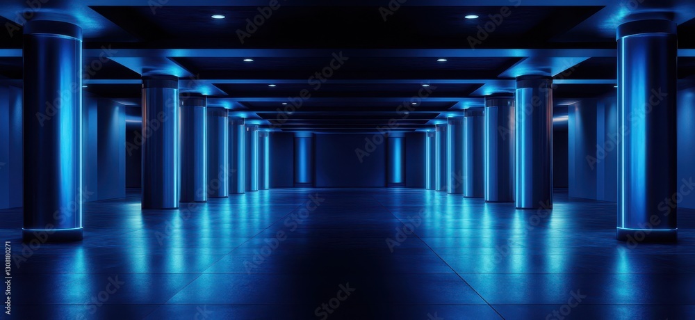 Poster modern empty underground space with illuminated blue columns showcasing sleek design, ideal for futu