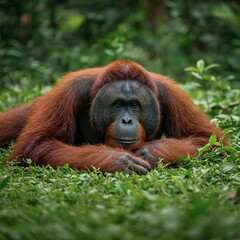 Fototapeta premium Orangutan lying down in the forest