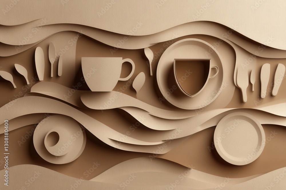 Poster inviting layered paper art background featuring coffee cups and utensils in warm tones for creative 