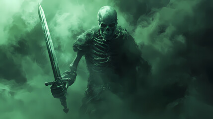 A skeletal warrior emerges from a green mist, holding a sword, in a dark and ominous scene. Arcane - Relic. Illustration