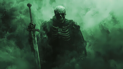 Fototapeta premium A skeletal warrior emerges from a green mist, holding a sword, in a dark and ominous scene. Arcane - Relic. Illustration