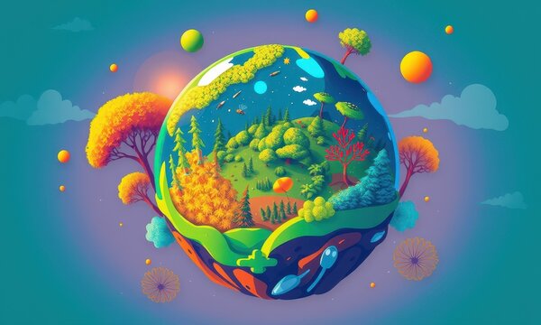 Vibrant Conceptual Illustration of a Lush Forest Ecosphere with Colorful Flora and Atmospheric Elements Depicting a Harmonious Natural Environment