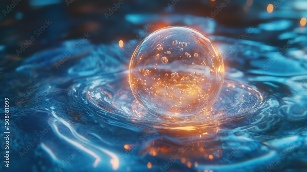 Poster illuminating action of a glowing bubble in transparent liquid science lab experiment overview microe