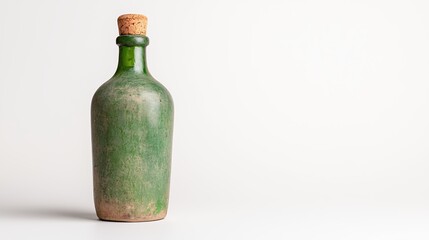 Aged Green Glass Bottle with Cork Stopper on White Background
