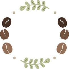 Abstract coffee beans and leaves wreath flat design border illustration for decoration on coffee cafe, coffee drinks and restaurant.