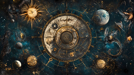 Astrological composition with zodiac circle in signs and symbols. Arcane - Relic. Illustration