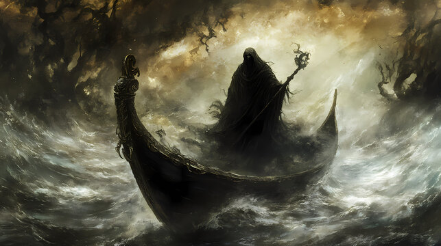 Charon crossing the river styx transporting souls across the underworld's boundary, an essential element in greek myth and afterlife lore. Arcane - Relic. Illustration