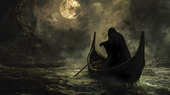 Charon crossing the river styx transporting souls across the underworld's boundary, an essential element in greek myth and afterlife lore. Arcane - Relic. Illustration