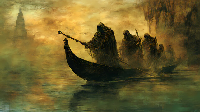 Charon crossing the river styx transporting souls across the underworld's boundary, an essential element in greek myth and afterlife lore. Arcane - Relic. Illustration