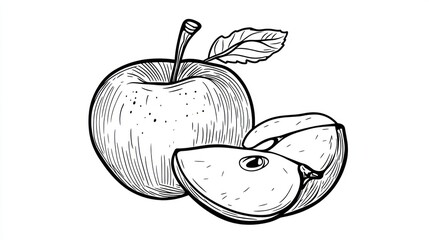 Hand-drawn apple, sliced view, still life