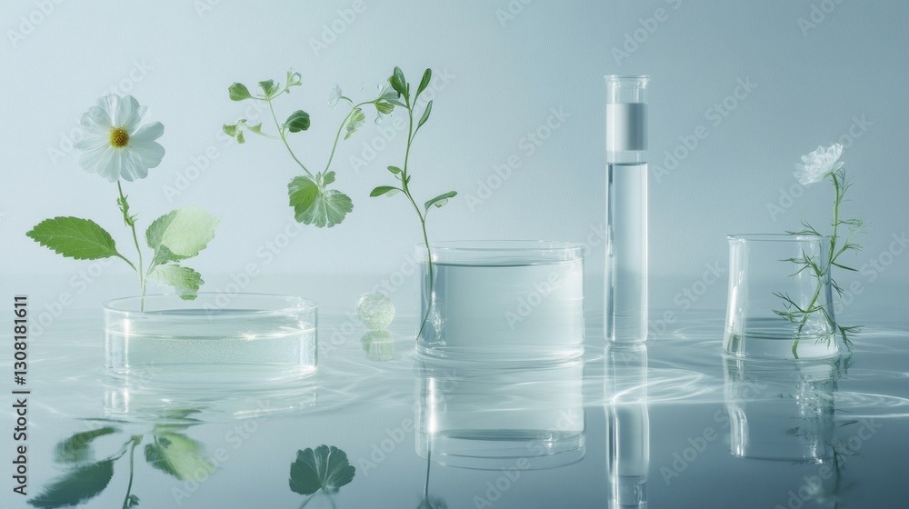 Poster creating a minimalist lab composition with petri dishes and glass standards in a clean environment f