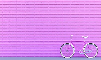 Fototapeta premium Bright Pink Bicycle Against Vibrant Purple Brick Wall Background