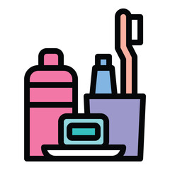 Toiletries icon in flat line style representing personal care hygiene essentials and travel amenities ideal for hospitality wellness and daily use concepts.