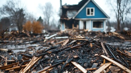 Charred wood planks lie scattered, their once sturdy forms now transformed into hauntingly beautiful remnants of a fierce blaze