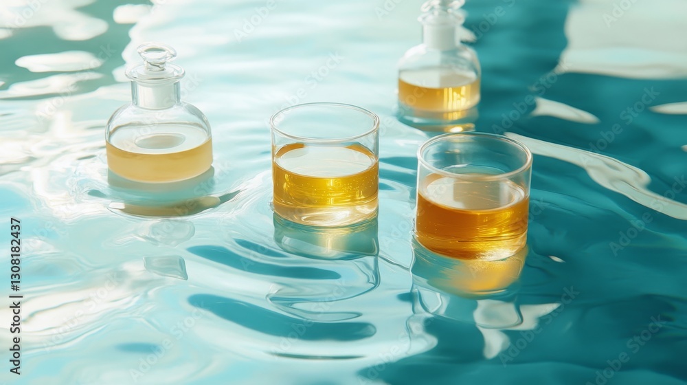 Poster floating lab beakers on a tranquil water surface science experiment setting serene environment aesth