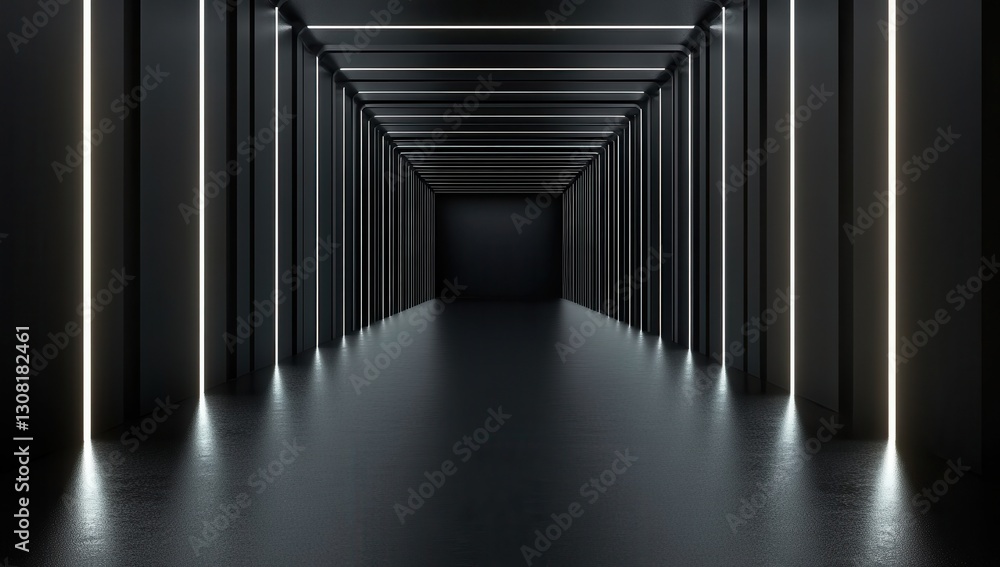 Poster modern minimalist corridor interior with vertical light strips creating a futuristic atmosphere in d