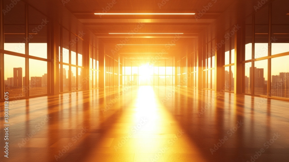 Poster sunset illuminating empty city buildings with warm light filling the streets at dusk generative ai