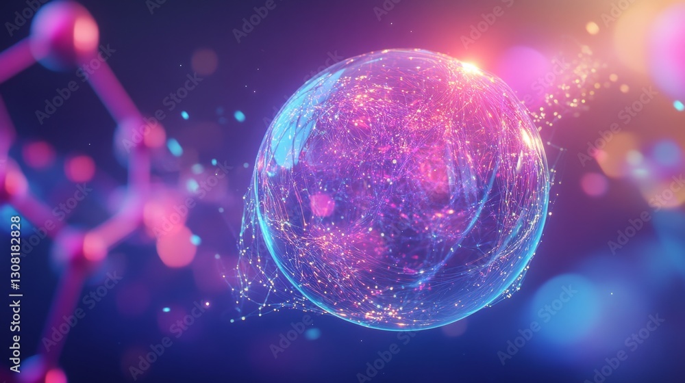 Poster creating an artistic collagen bubble design floating on a molecule in a digital environment for visu