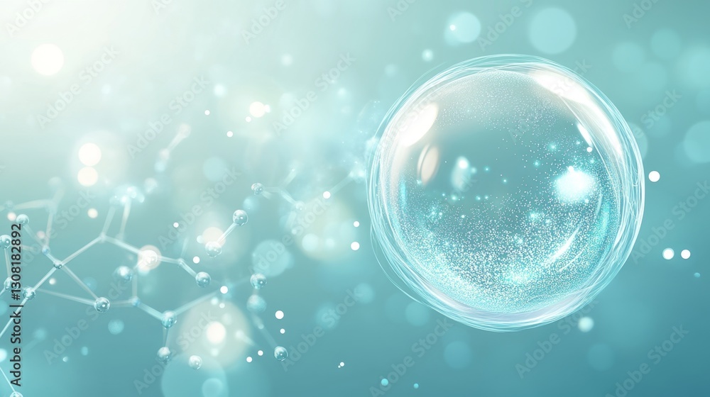 Poster creating artistic collagen bubble designs floating on a molecular standard in a digital art environm