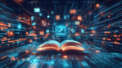 Open book, digital data stream, glowing icons, verification, future learning