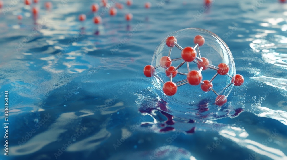 Poster creating captivating artistic designs of liquid bubbles containing molecules in a scientific studio 