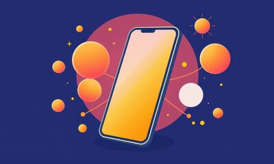 Abstract Illustration of a Smartphone Surrounded by Vibrant Spheres and Cosmic Elements Against a Dark Blue Background, Highlighting Technology Integration