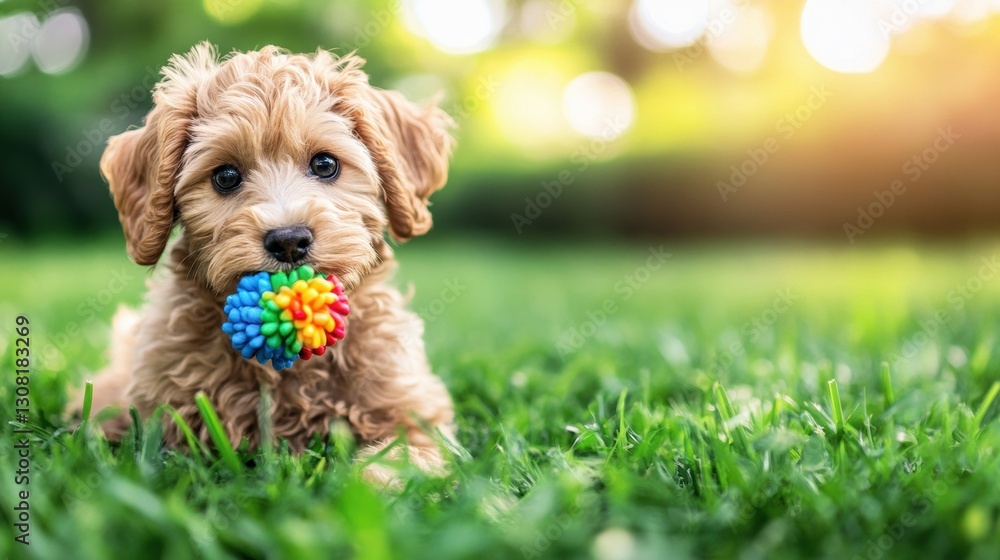 Poster Playful puppy enjoying a colorful chew toy on fresh green grass under soft natural light Generative AI