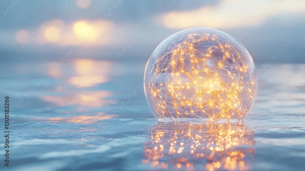Poster creating a stunning artistic visualization of a glowing bubble filled with standard elements in a di
