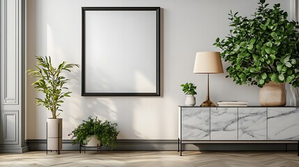 A black-framed blank poster mockup hangs on the wall of an empty living room. A small plant and books sit in front of it. A marble console table with a lamp beside it stands in the room. 