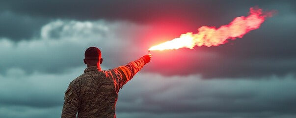 Military Contractor Operations Concepts. Soldier signaling with a flare against a stormy sky.