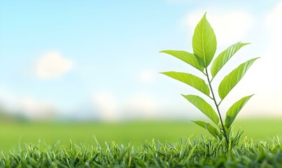 Obraz premium Fresh Green Plant Growing in Lush Grass Against Clear Sky