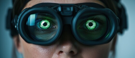 Military Contractor Operations Concepts. High-tech goggles with glowing green lenses on a person's face.