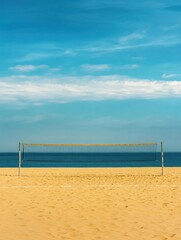 Beach volleyball court set against a tranquil ocean with golden sand and a clear blue sky Generative AI