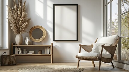 A black-framed mockup on the wall of an empty living room, in a modern interior design style, simple and minimalistic. A cozy chair and shelf with vases, a mirror, and books.